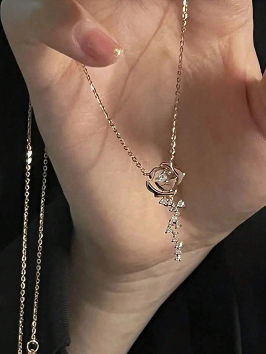 1 件复古法式奢华微镶嵌锆石玫瑰花项链女士 - 彩色 - 查看 1