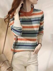 Damen-Strickpullover mit bunten Streifen, elegant für den Arbeitsweg, Lässig Kleidung, Cut Out