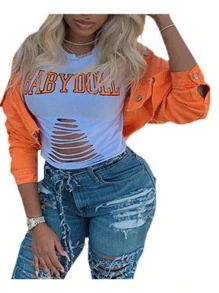 Abrigo corto de mezclilla para mujer, chaqueta de manga larga con solapa, color liso, con botones y bajo desgastado. - Naranja - Ver 3