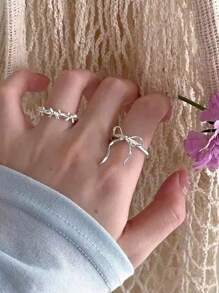 2 piezas Anillos de cinta de lazo en color plateado romántico y adorable estilo Y2K para mujer, anillos de dedo abiertos con líneas geométricas exquisitas, regalo de joyería - corbata de moño - Ver 2