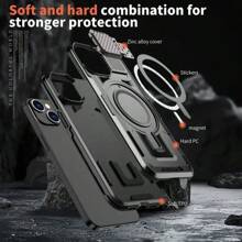 Funda compatible con iPhone con tapa de metal para la cámara y soporte [Compatible con MagSafe][Protector de lente de cámara 9H] compatible con iPhone 11/12/13/14/15/16/Plus/Pro/Pro Max. Cubierta protectora para teléfono a prueba de golpes de gran resistencia, color negro