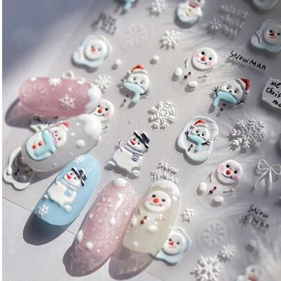 1片3D雪人和雪花美甲贴纸，适用于家庭或美甲沙龙的美甲贴花，适合所有女性和女孩的DIY美甲，冬季美甲