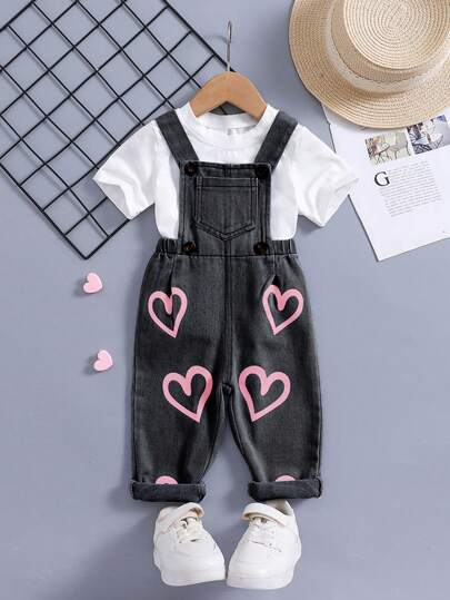 1pc Baby Girls' Heart Print Washed Denim Bib Overalls