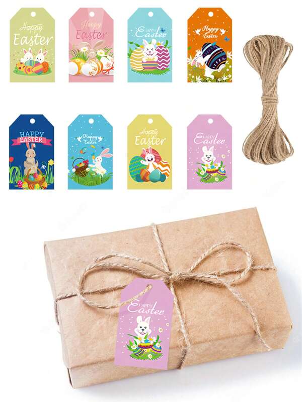 24 piezas Etiquetas colgantes de conejito de pascua, 8 diseños de conejito de pascua y huevo, etiquetas de regalo con letrero "Feliz Pascua", decoraciones, suministros para fiesta de primavera de pascua