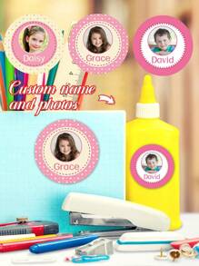 15/35/70pcs Custom Pink Round Waterproof Photo Name Stickers, Personalized Photo Name Labels PVC Stickers, Back To School Children Photo Stickers, Multipurpose Colorful Photo Name Stickers For Clothes, School Supplies, Lunch Boxes, Water Bottles, Notebooks, Waterproof, Adhesive, Cute, Customized, Personalized Back To School Ideal Gift For Son, Daughter, Student, Kids, Anniversary, Family, Children's Day, Birthday, Teachers