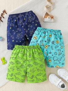 3pcs/Set Young Boy Casual Allover Print Rocket, Dinosaur, Animal Pattern Mix & Match Shorts, Suitable For Summer, Outdoor, Sports, School, Daily Life, Holiday, Travel