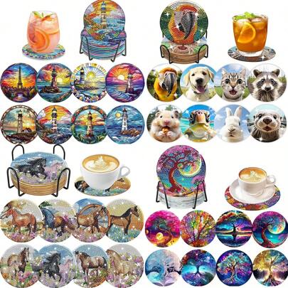 8pcs/Set Diamond Painting Cup Coaster Set Includes Lighthouse, Animal, Fairy, Cross, Pumpkin, Peacock, Vintage Car Coasters (With Holder) - Home Decor DIY Diamond Art Craft Kit For Beginners, Adults, Artificial Diamond Art Craft Supplies, Gift