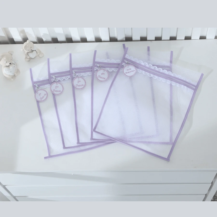 Kit With 5 Organizer Bags For Maternity Suitcase In TULLE With Embroidered TAGS In Different Colors - Dusty Purple - View 1