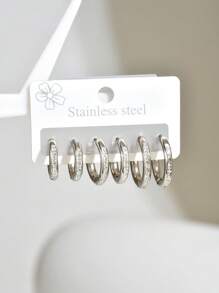 6pcs Elegant Zirconia Hoop Earrings Set, Stainless Steel