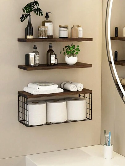 3 Piezas Estantes flotantes con Cesta de Alambre, Soporte de fijación de Metal en Forma de L, Flotantes de Pared para Bormitorio, Estudio, Cocina, Baño y Salón