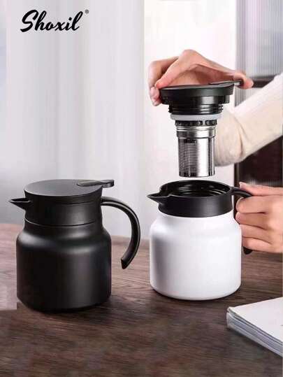 shoxil 1pc 800ml/27oz Insulated Thermal Coffee Carafe, Stainless Steel Double Walled Vacuum Coffee , Hot Water, Tea, Hot Beverage Dispenser, Thermal Teapot With Removable Tea Infuser