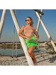 Women's Summer Short Sleeve Knit Blouse With Weave - Baby Blue - View 8