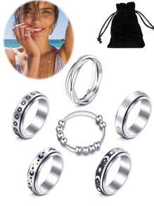 AVYRING 3-6pcs Fidget Rings For Anxiety Stainless Steel Spinner Ring Anti Anxiety Ring Spinning Moon Star Cool Stress Relieveing Rings
