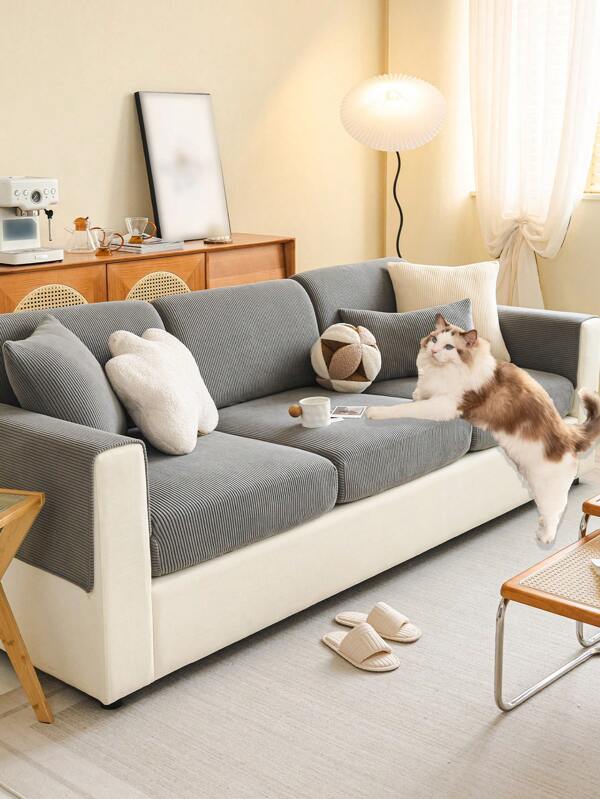 1pc All-Season Jacquard Fleece Anti-Slip Sofa Cushion Cover, Style Soft & Skin-Friendly, Pet-Proof & Elastic Sofa Slipcover, Scratch-Resistant For L-Shaped & 1/2/3/4 Seater Sofa In Living Room (Sold Individually)