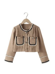 Mädchen Frühlings-/Herbstjacke mit offenem Verschluss, modisch vielseitig einsetzbar, Rundhalskragen - Khaki - Übersicht 2