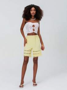 Women Loose Half Slip Shorts Loose Fit Lace Trim Pettipants Culotte Slip Bloomers Split Underwear Shorts Summer Pajama Shorts Sleepwear - 黃色 - 查看 2