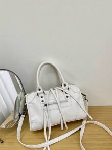 1 Pc White Splicing Rivets Inlaid Metal Zip Tassel Zip Decoration Retro PU Material Double Handles Adjustable Long Shoulder Strap Design Zip Closure Fashion Retro Sweet Cool Style Biker Bag Y2K Punk Style Square Bag Ladies Tote Bag Casual Quiet Luxury Style Ladies Slant Shoulder Bag Suitable For Daily Commuting Work Shopping Shopping And Other Use