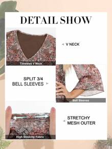 CheersLife Blusa elegante de talla grande para mujer, cuello en V, capas dobles, malla elástica, camisas de trabajo informales holgadas, blusas tipo túnica con mangas acampanadas 3/4 y volantes