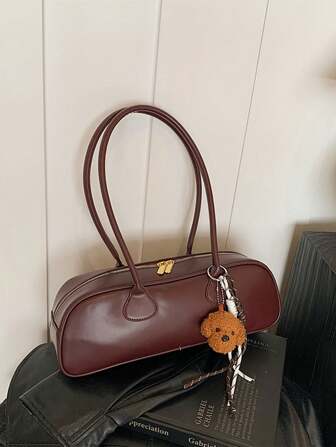 1 件女式合成皮革复古单肩包，休闲风格百搭法棍包，带拉链开合，内衬，双手柄，腕带，适合日常使用，附赠礼物