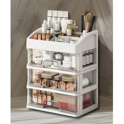 1 pieza Caja de almacenamiento de escritorio, caja de almacenamiento de cosméticos multicapa, caja de almacenamiento de gran capacidad con cuatro cajones, caja de almacenamiento de papelería de escritorio multifuncional, caja de almacenamiento de cuidado de la piel, lápiz de cejas, pincel de maquillaje, caja de almacenamiento a prueba de polvo y humedad para viajes de verano, vacaciones, hogar, baño, decoración, organizador de maquillaje de vacaciones, accesorios de baño, vuelta al colegio