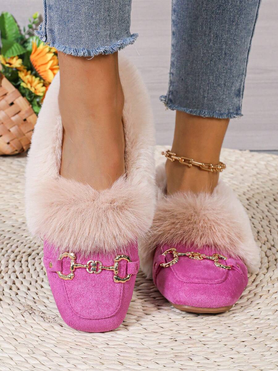Women's Flat Square Toe Faux Fur Slip-On Shoes, Fashionable For Indoor/Outdoor, Party Wear, Warm & Non-Slip Flat Shoes For Winter, Soft & Adorable - Hot Pink - View 1