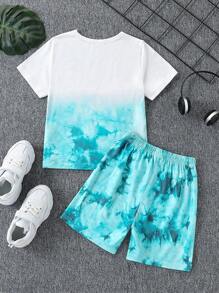 Set de 2 piezas para niño pequeño: Camiseta de cuello redondo de manga corta con estampado de palmeras y pantalones cortos tie-dye, adecuados para verano, deportes, ocio, uso diario, exteriores, escuela