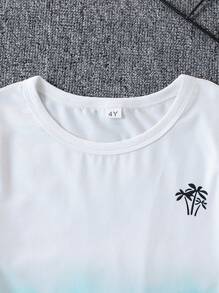 Set de 2 piezas para niño pequeño: Camiseta de cuello redondo de manga corta con estampado de palmeras y pantalones cortos tie-dye, adecuados para verano, deportes, ocio, uso diario, exteriores, escuela