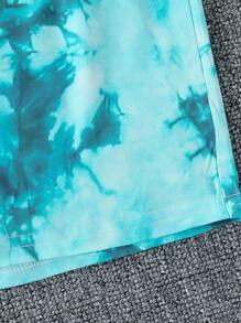 Set de 2 piezas para niño pequeño: Camiseta de cuello redondo de manga corta con estampado de palmeras y pantalones cortos tie-dye, adecuados para verano, deportes, ocio, uso diario, exteriores, escuela