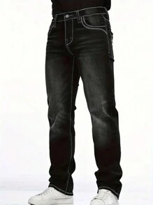 Men's Classic Embroidered Pocket Elastic Waist Jeans, Emo Style - Black - View 5