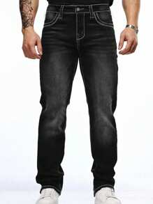 Men's Classic Embroidered Pocket Elastic Waist Jeans, Emo Style - Black - View 3