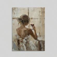 1 件中性米色墙壁艺术：拿着酒杯的女人帆布画 - 适用于客厅装饰，无框