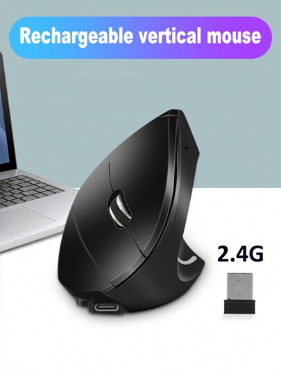 Ergonomic Vertical Wireless Mouse 3 Adjustable DPI (800/1200/1600), 6 Buttons, Built-In 400mAh Battery, Type-C Charging, 2.4G Rechargeable Silent Mouse For PC/Desktop/Laptop(Black)