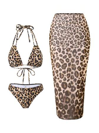 3pcs Sexy Fashionable Leopard Print Swimwear Bikini Set + Leopard Printed Summer Beach Vacation Cover-Up Sarong