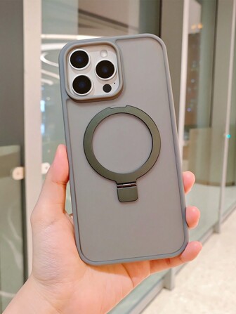 Gray Luxury Solid Color Metal Bracket Magnetic Phone Case Compatible With Iphone 16 15 14 13 12 11 Pro Max Plus Skin Feel Matte Back Cover Shockproof Hard Protection