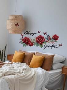 1pc PVC Material Valentine's Day English Letter, Rose Wall Sticker, Living Room Bedroom Holiday Decor Adhesive Wall Art Poster