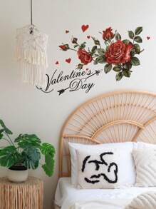 1pc PVC Material Valentine's Day English Letter, Rose Wall Sticker, Living Room Bedroom Holiday Decor Adhesive Wall Art Poster