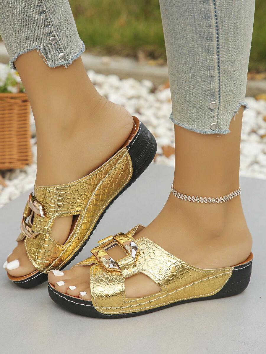 Plus Size 36-45 Fashion Versatile Gold Metal Buckle Open Toe Women Summer Wedge Platform Sandals, Comfortable & Slip On, Suitable For Daily, Beach, Vacation - Gold - View 1