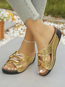Plus Size 36-45 Fashion Versatile Gold Metal Buckle Open Toe Women Summer Wedge Platform Sandals, Comfortable & Slip On, Suitable For Daily, Beach, Vacation - Gold - View 5