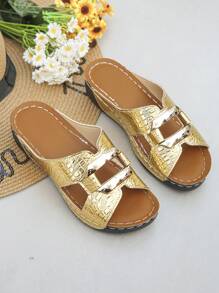 Plus Size 36-45 Fashion Versatile Gold Metal Buckle Open Toe Women Summer Wedge Platform Sandals, Comfortable & Slip On, Suitable For Daily, Beach, Vacation - Gold - View 6