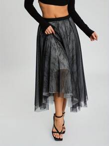 Women Half Dress Lace Mesh Floral Spring Fall Summer Street Casual Party Black Punk Skirt