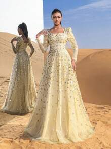 Faeriesty Đầm dạ hội đính sequin lấp lánh tuyệt đẹp với tay dài và phần thân áo ôm sát - Lớp vải voan mỏng sang trọng và hiệu ứng ánh sáng rực rỡ, lý tưởng cho các buổi tiệc tối sang trọng, sự kiện thảm đỏ và dạ hội cưới thanh lịch. - Rượu sâm banh - Xem 2