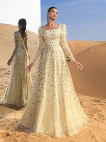 Faeriesty Đầm dạ hội đính sequin lấp lánh tuyệt đẹp với tay dài và phần thân áo ôm sát - Lớp vải voan mỏng sang trọng và hiệu ứng ánh sáng rực rỡ, lý tưởng cho các buổi tiệc tối sang trọng, sự kiện thảm đỏ và dạ hội cưới thanh lịch. - Rượu sâm banh - Xem 4
