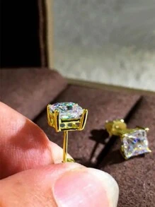 1 Pair Copper Cubic Zirconia (2mm/3mm/4mm/5mm/6mm/7mm/8mm/10mm) Multi-Size Sparkling Cubic Zirconia Square Stud Earrings, Suitable For Party Or Wedding Wear, Fashionable Earrings For Men - Yellow Gold - View 3