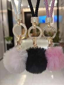 TTOBS 1pc Elegant Braided Leather Keychain With Fluffy Pompom Charm - Durable, Stylish & Versatile Women Key Holder - Multiple Colors, Perfect Car Owner Accessory, Fashionable Gift Idea