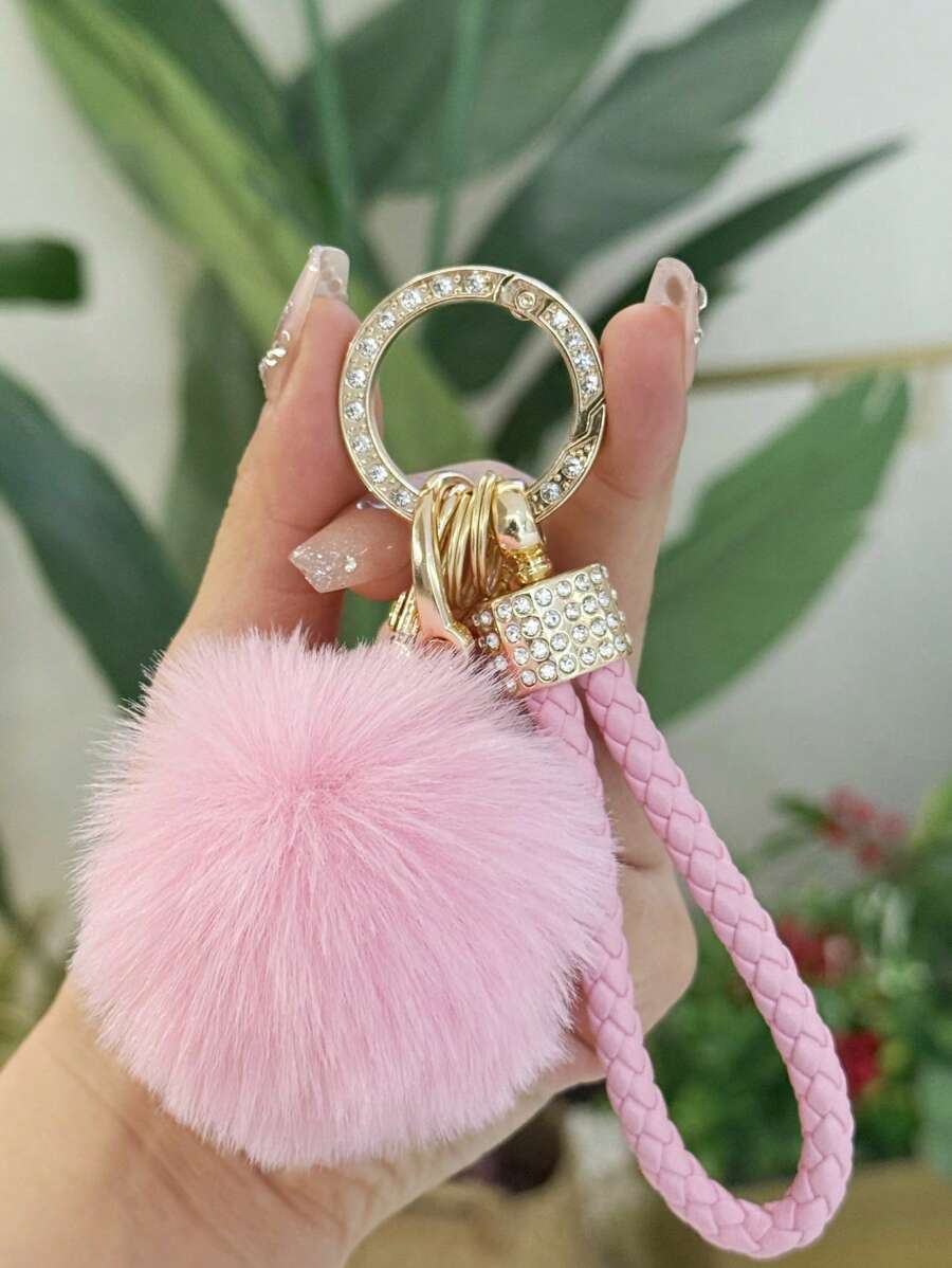 TTOBS 1pc Elegant Braided Leather Keychain With Fluffy Pompom Charm - Durable, Stylish & Versatile Women Key Holder - Multiple Colors, Perfect Car Owner Accessory, Fashionable Gift Idea