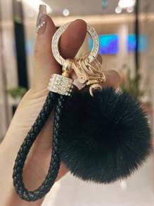 TTOBS 1pc Elegant Braided Leather Keychain With Fluffy Pompom Charm - Durable, Stylish & Versatile Women Key Holder - Multiple Colors, Perfect Car Owner Accessory, Fashionable Gift Idea