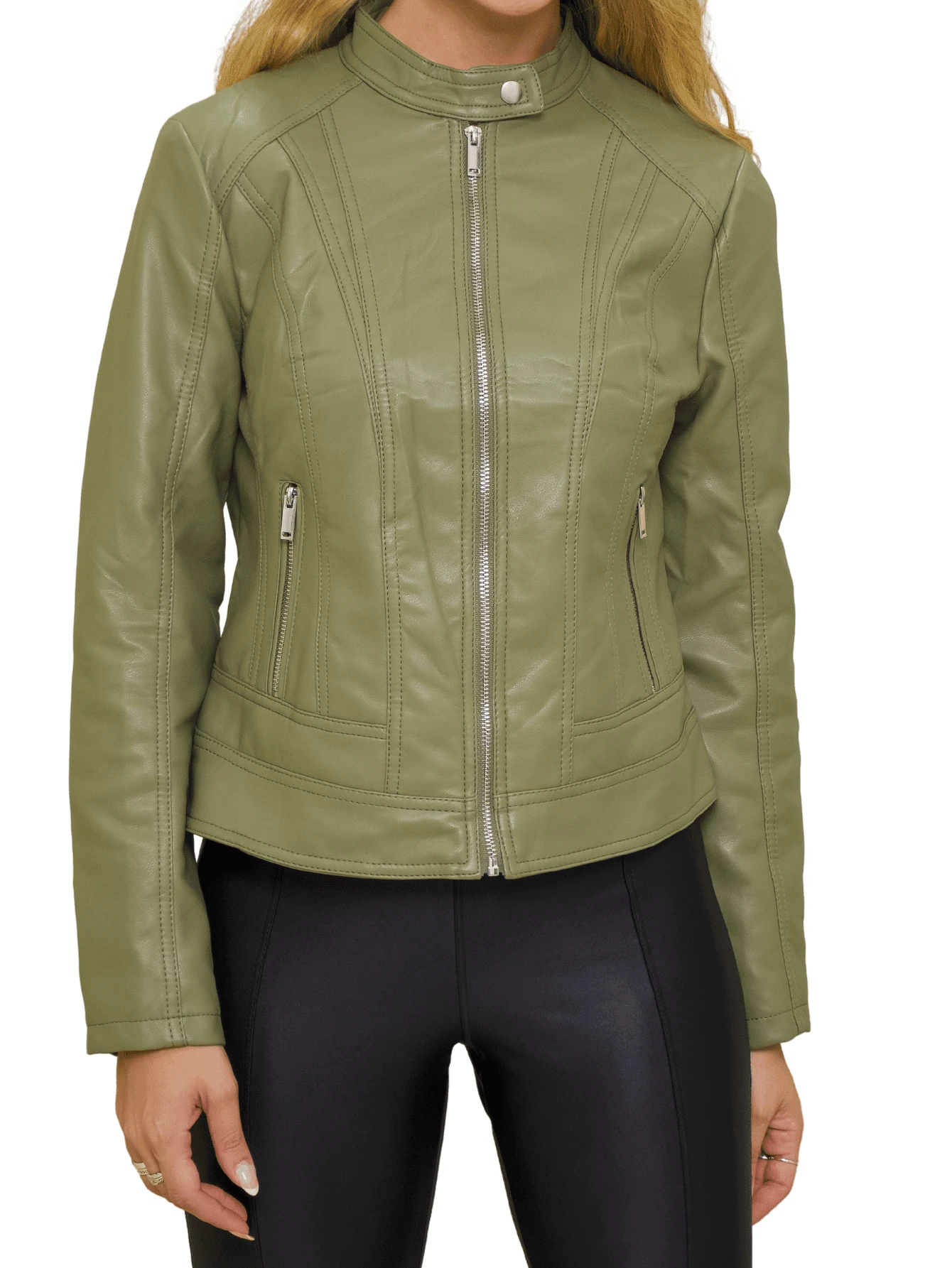 Women's Slim Leather Jacket Coat Blouse Cold Campos Jordão - màu xanh lá - Xem 1