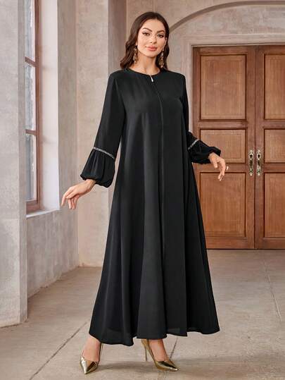 纯色优雅穆斯林斋月土耳其风格女式长袖长袍，带拉链和水晶水钻装饰，阿巴亚