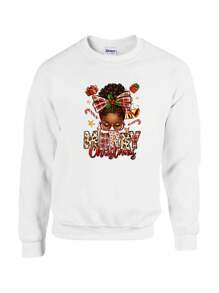 Christmas Girls Print Men's Pullover Round Neck Long Sleeve Sweatshirt, Polyester, Cotton, Loose Simple Casual Fashion Street Style Tops, Autumn And Winter Outdoor Sports Casual Tops, Men's Clothing As Holiday Gifts - 白色 - 查看 1