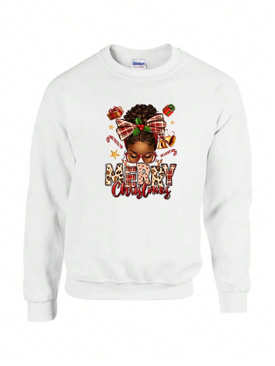 Christmas Girls Print Men's Pullover Round Neck Long Sleeve Sweatshirt, Polyester, Cotton, Loose Simple Casual Fashion Street Style Tops, Autumn And Winter Outdoor Sports Casual Tops, Men's Clothing As Holiday Gifts - 白色 - 查看 1